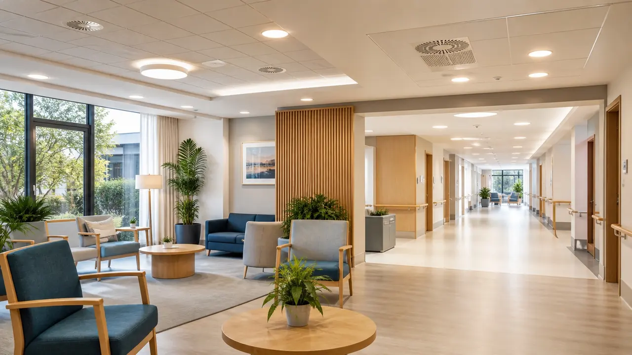 Modern healthcare and care facility with coordinated lighting and ventilation