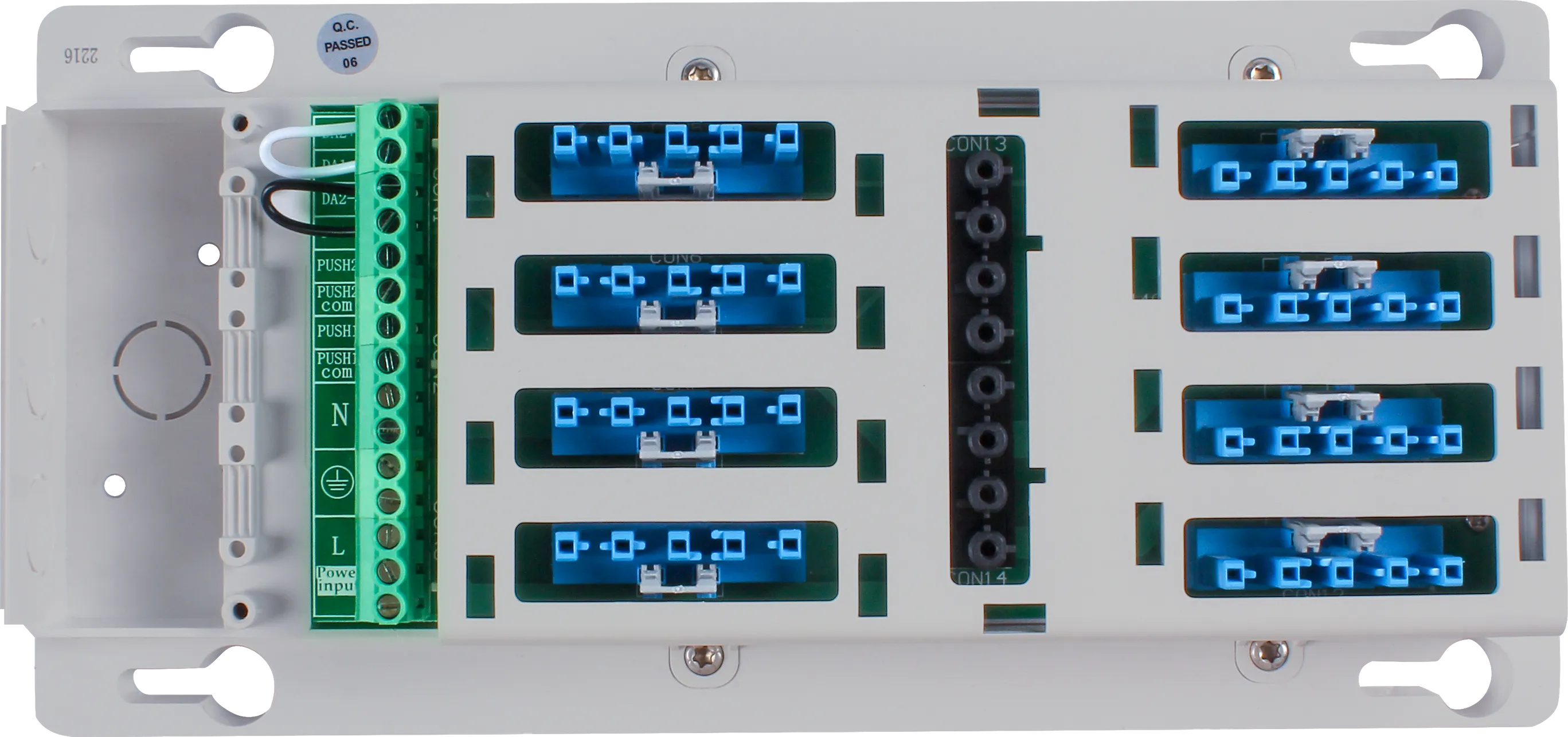 Top view of QCB02 Quick Connection Box  DALI/DALI2  GST Types 5-poles x 8 lum. + 1 sensor