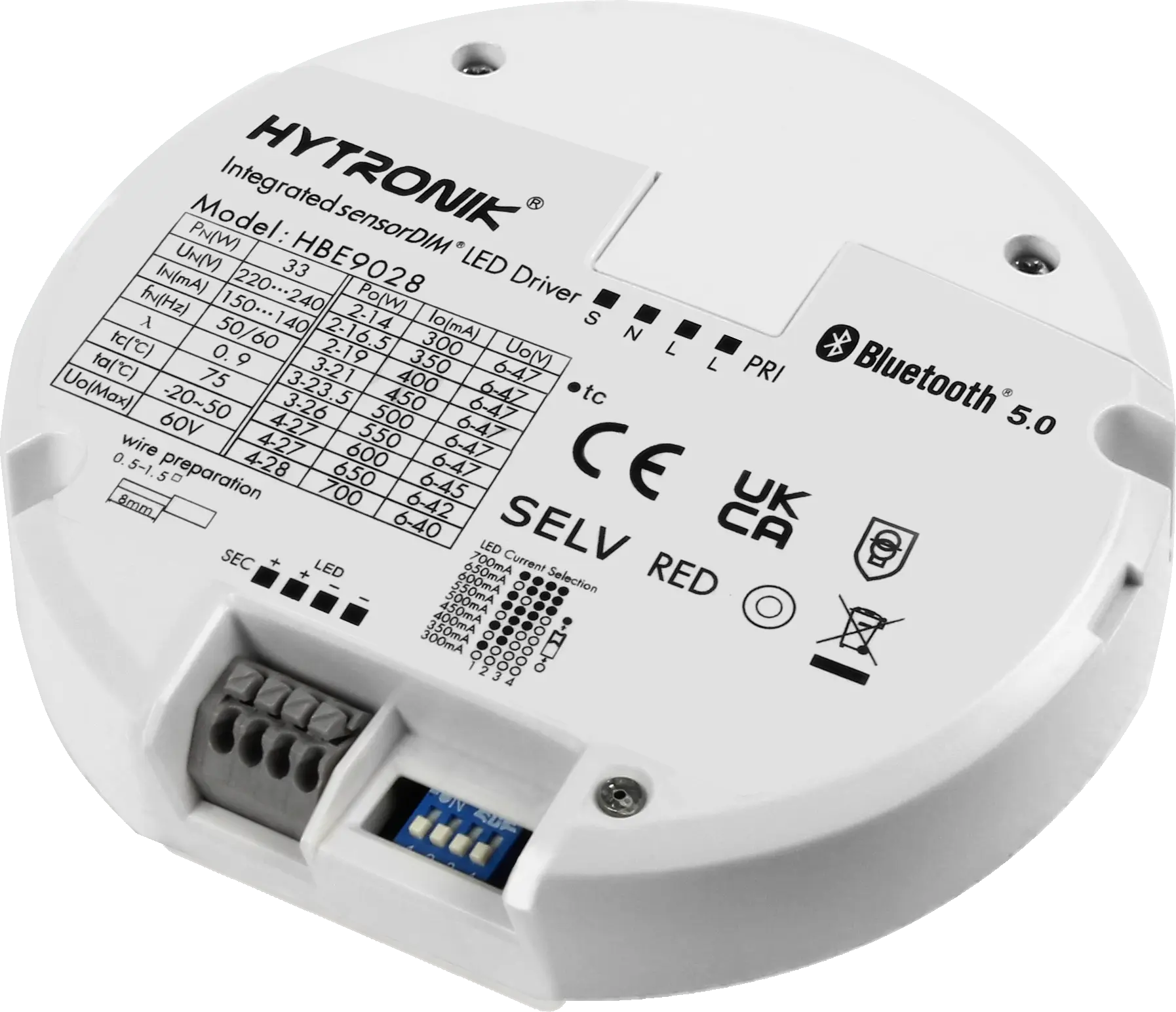 Side view of HBE9028 LED Driver with HF Lowbay  2-28W / 0.3-0.7mA 