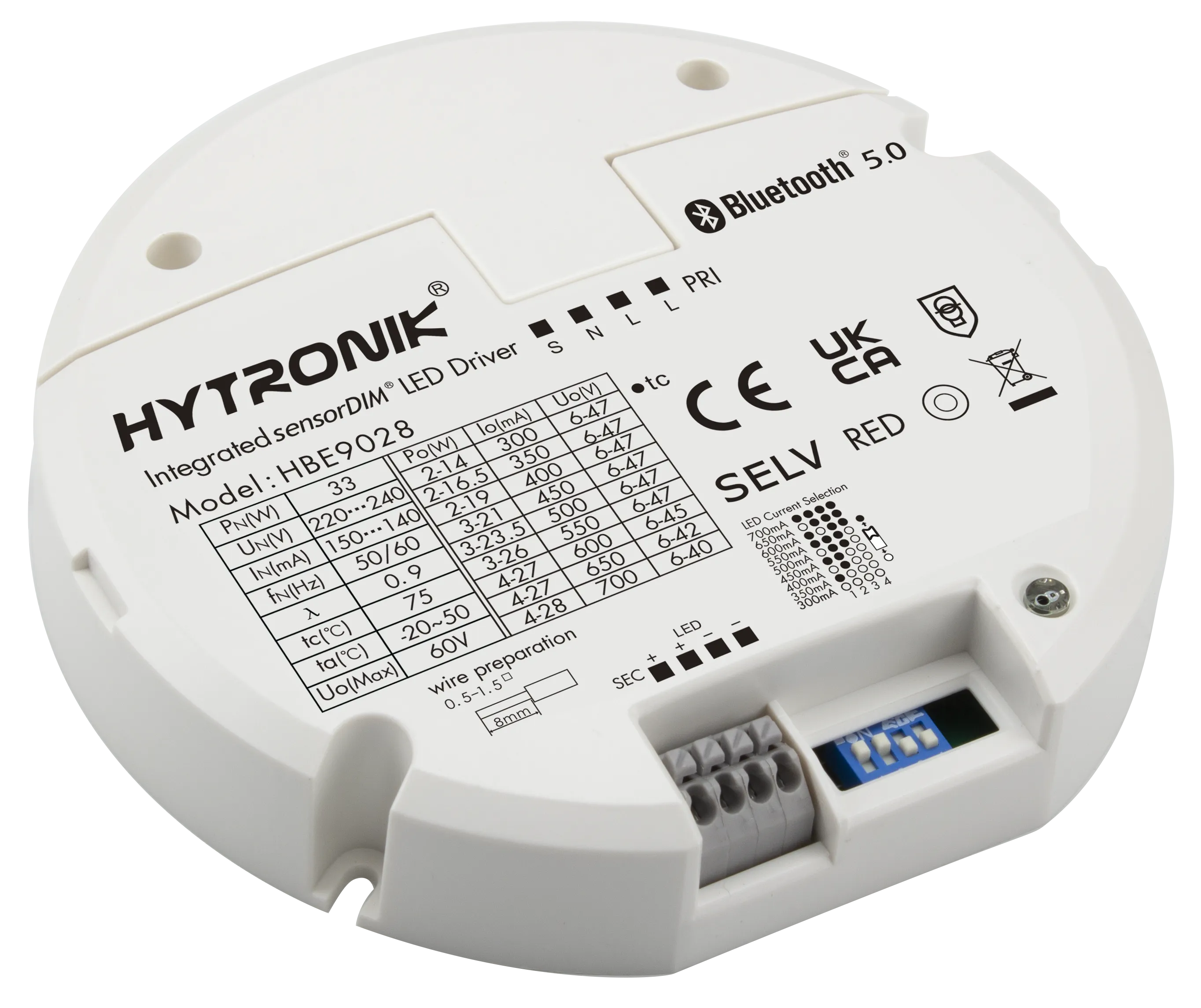 Side view of HBE9028 LED Driver with HF Lowbay  2-28W / 0.3-0.7mA 