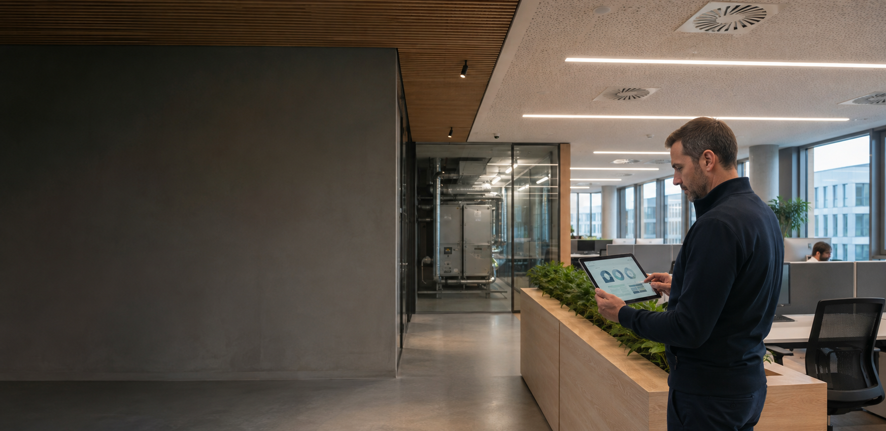 Facility manager reviewing building energy data in a daylit office with active lighting and HVAC