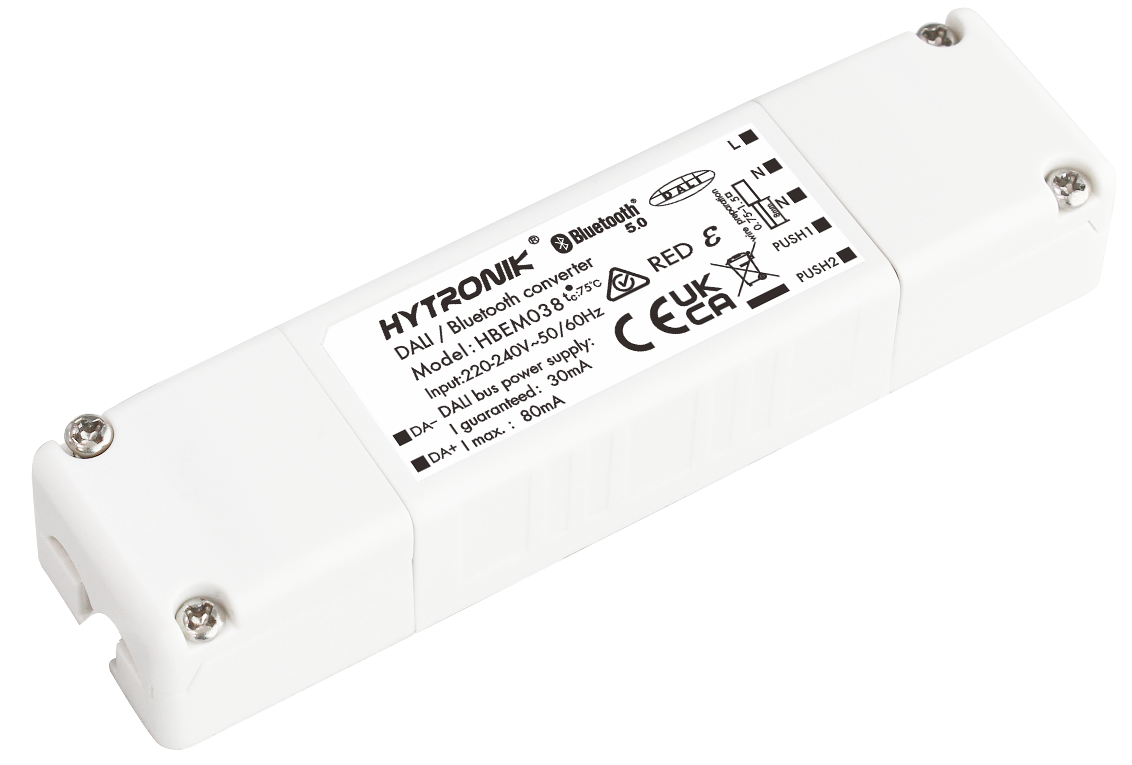 Side view of HBEM038 DALI/Bluetooth Converter  80mA DALI broadcast output  Attachable sensor heads