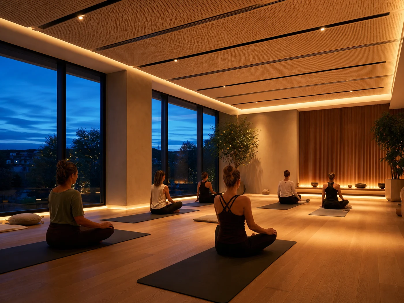 Wellness studio with warm evening lighting and blue-hour daylight