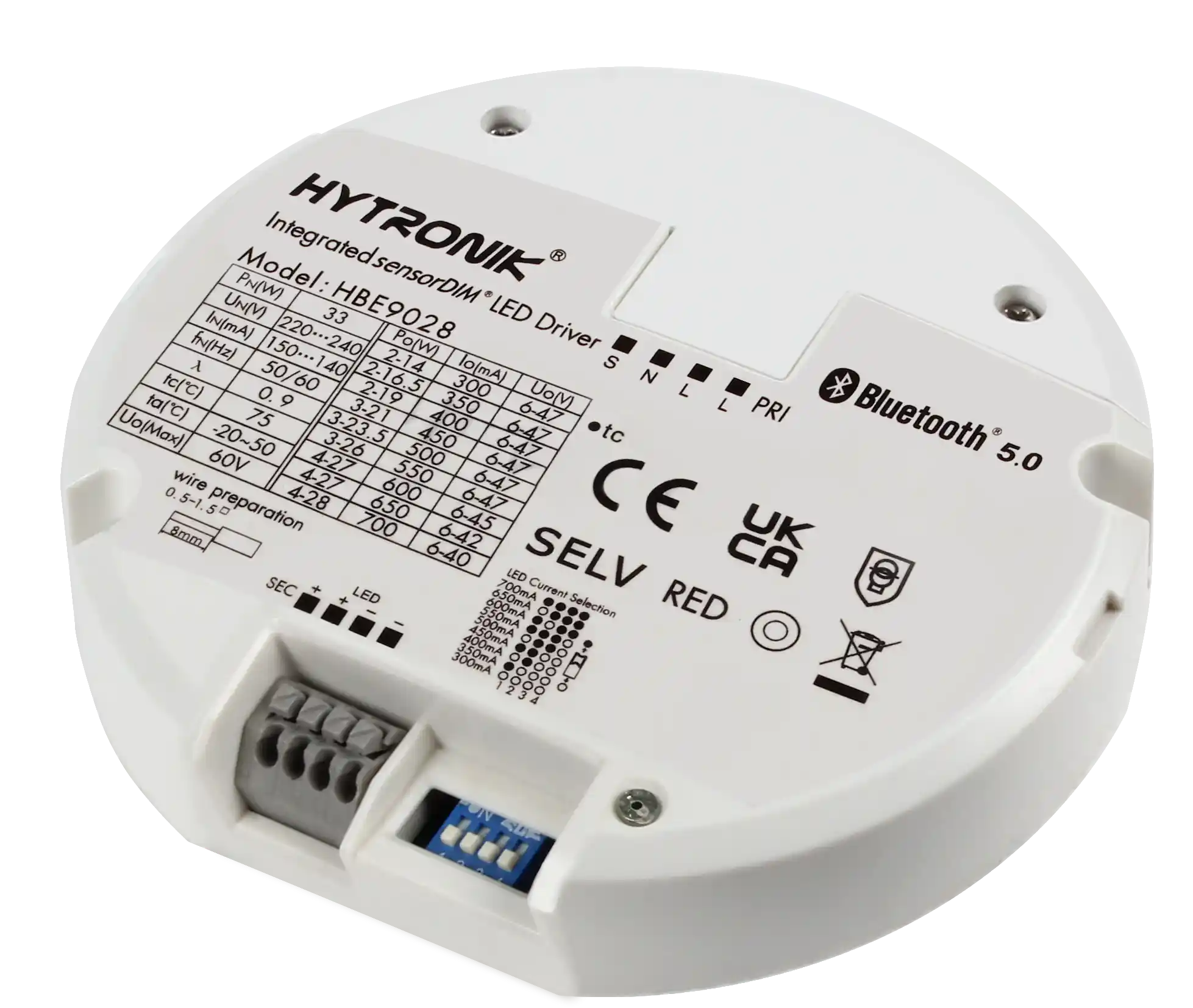 Side view of HBE9028 LED Driver with HF Lowbay  2-28W / 0.3-0.7mA 