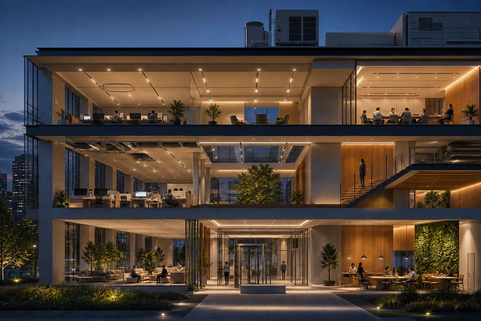 Modern commercial building with comfortable, well-lit offices at blue hour