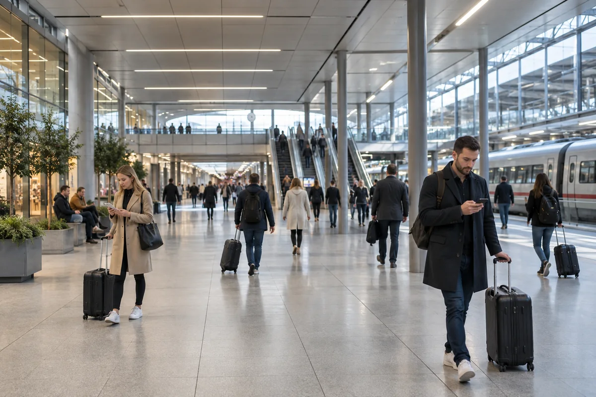 Viajeros en el vestíbulo de una estación conectada con iluminación estable