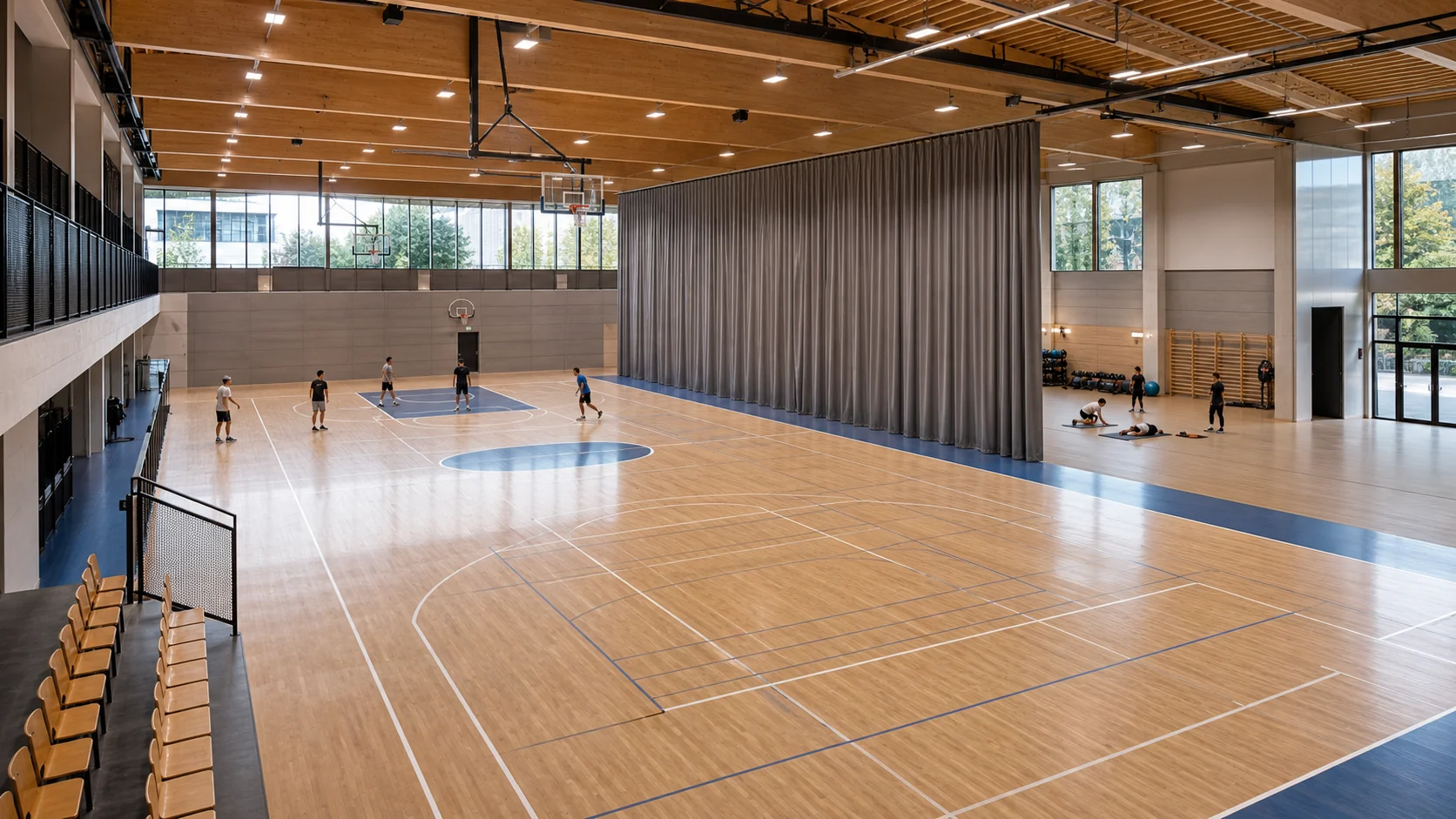 Multi-use sports hall divided into activity and training zones