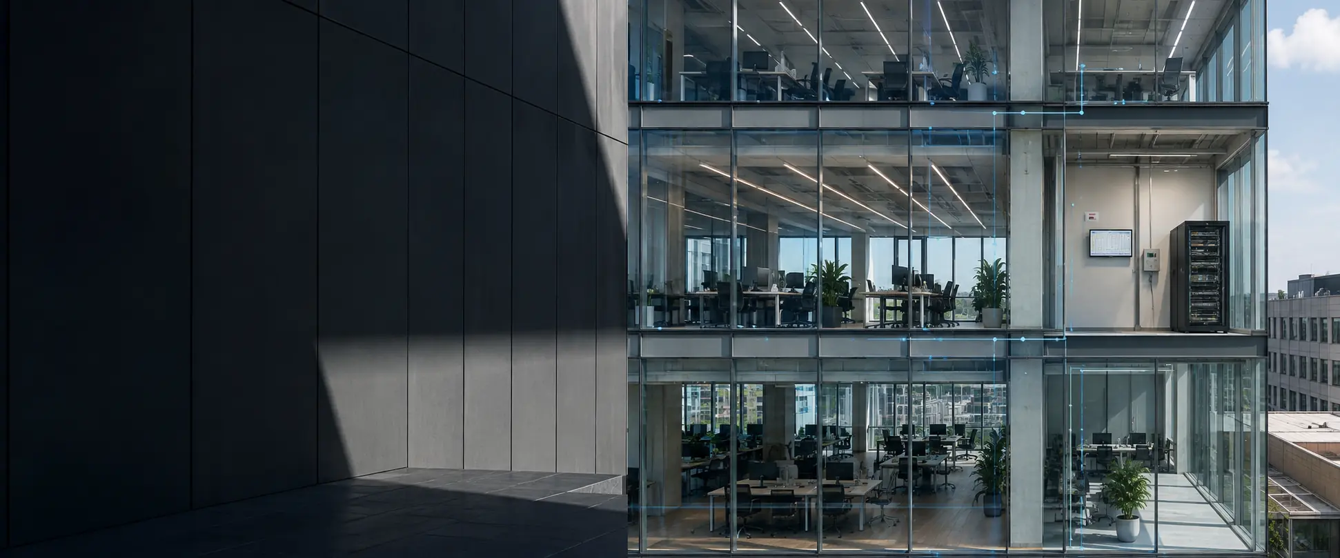 Daytime office building with coordinated lighting and building-management data integration