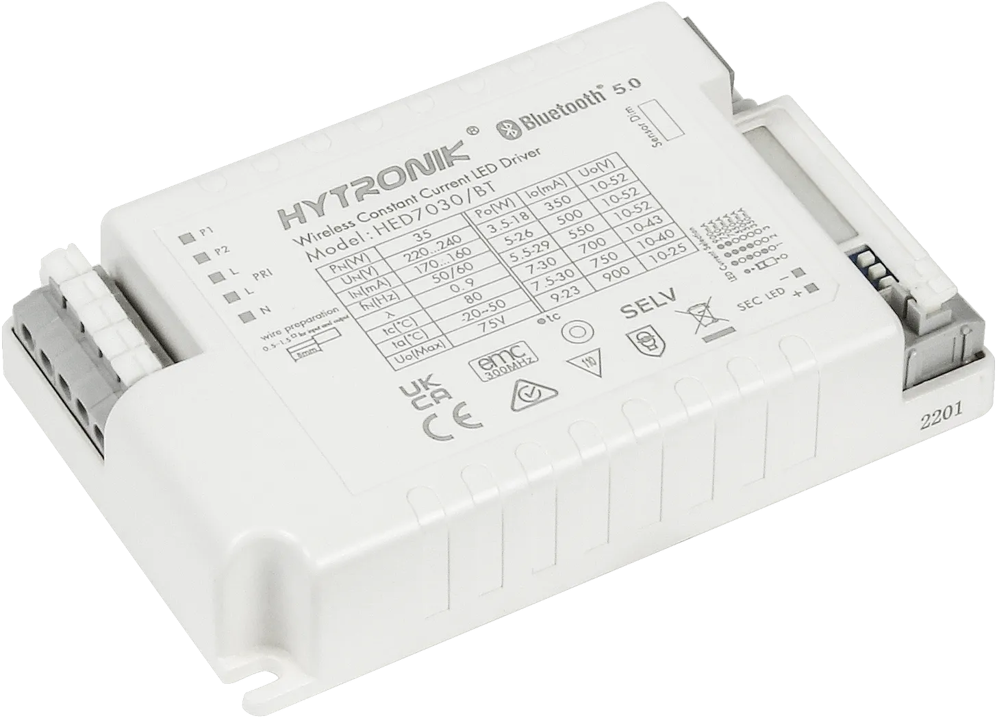 Side view of HED7030/BT Bluetooth Dimmable LED Driver  30W / 0.35-0.9mA  Compact formfactor