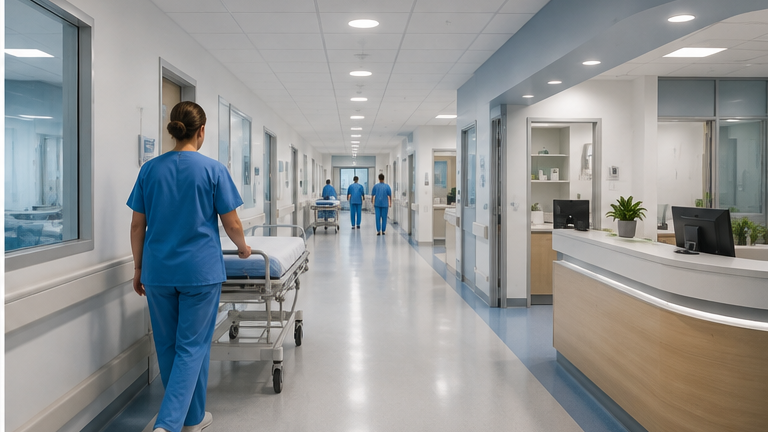 Pasillo de un centro sanitario con salas de atención clínica
