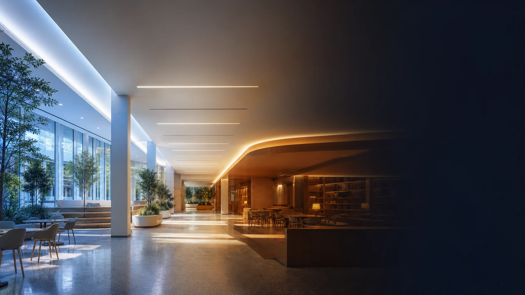 An architectural learning and wellness space transitioning from cool daylight to warm evening light