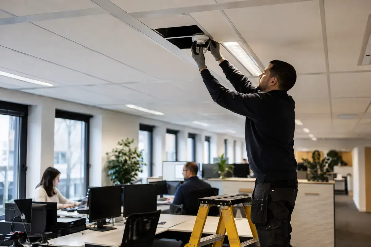 Technician upgrading ceiling lighting and sensing equipment in an existing office