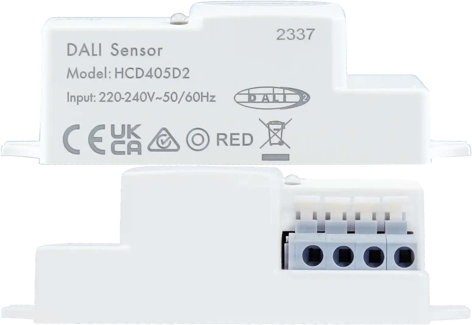 Front view of HCD405D2 HF Lowbay  DALI-2 input device  Photodiode