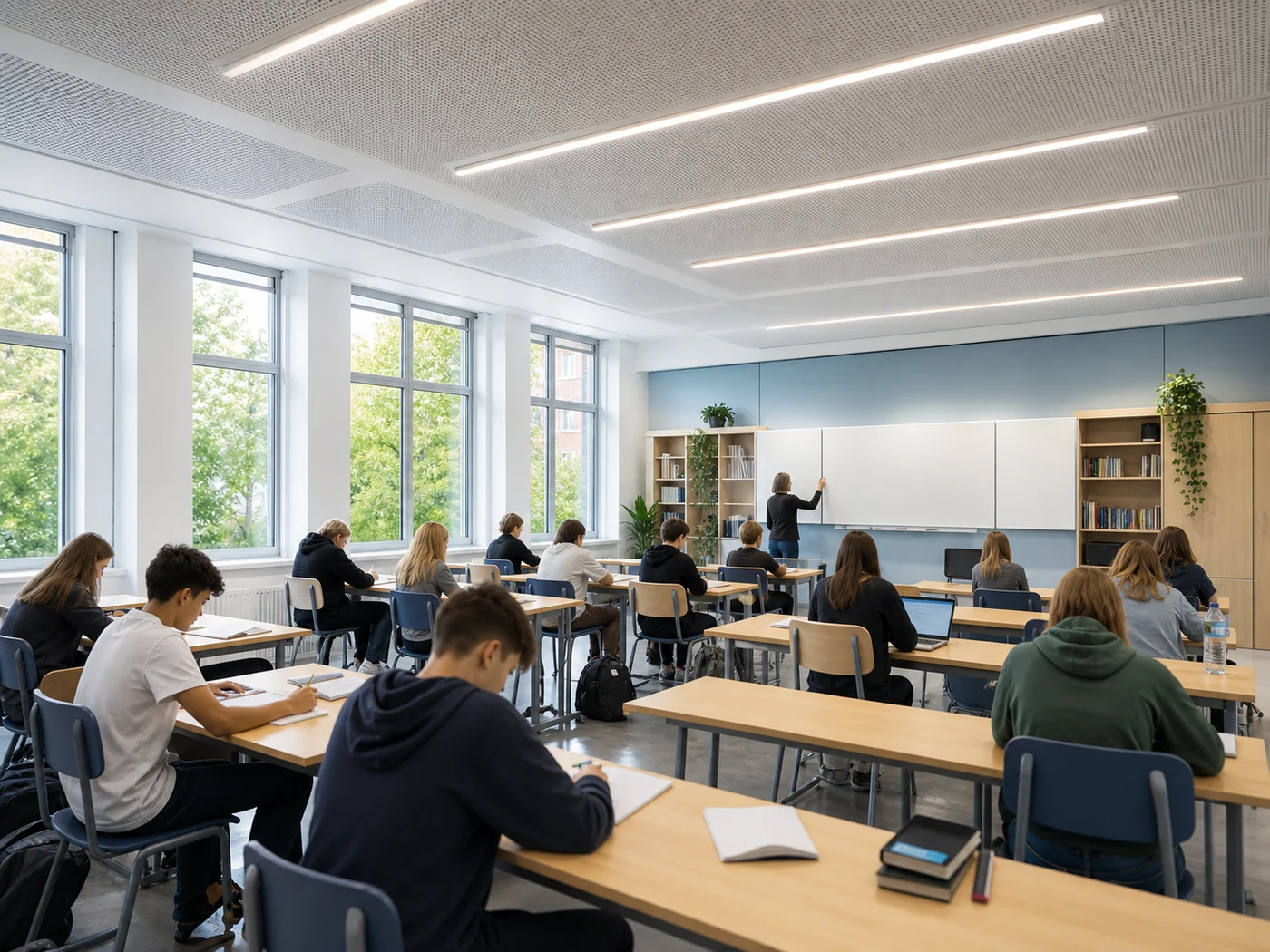 Modern classroom with comfortable neutral-cool lighting