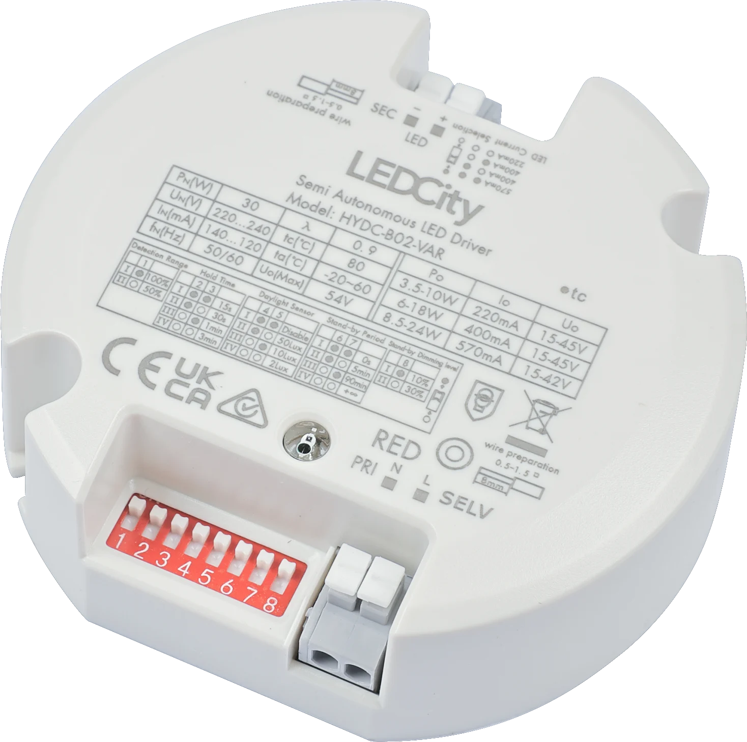 Side view of HEC6025/I LED Driver + HF Sensor  5-25W  Photocell Advance