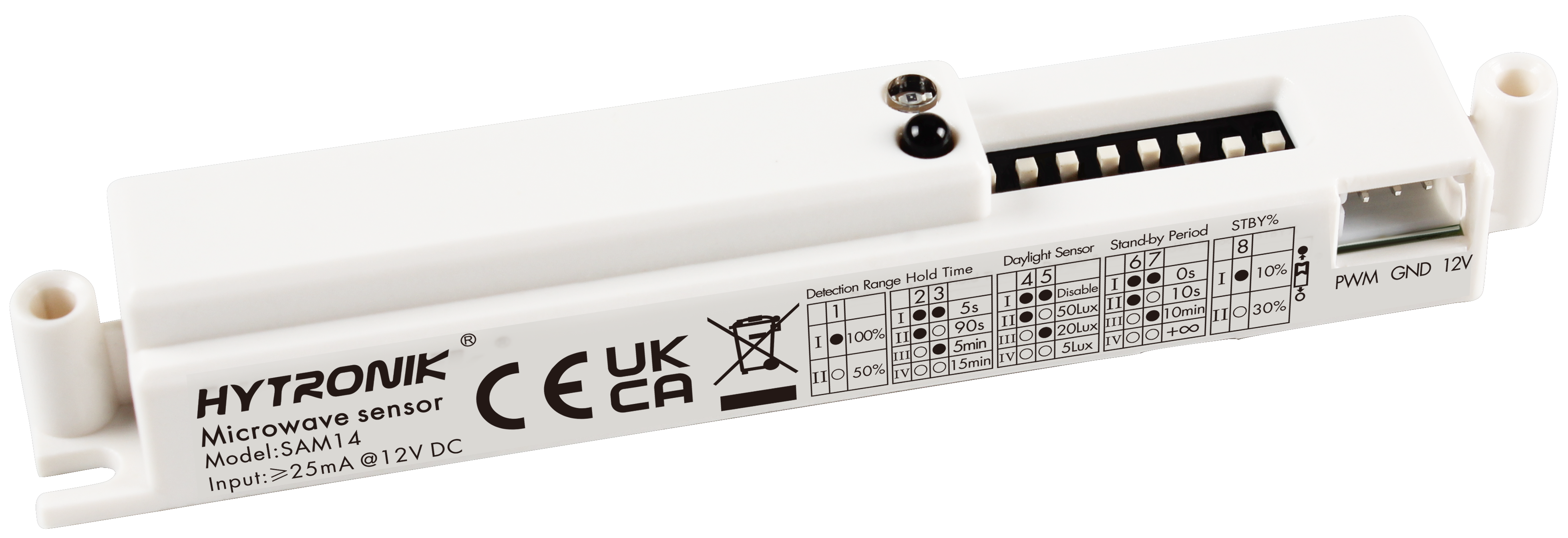 Side view of SAM14 HF Lowdbay VDC  Tri-level dimming/0-10V   RJ12 connector to control body