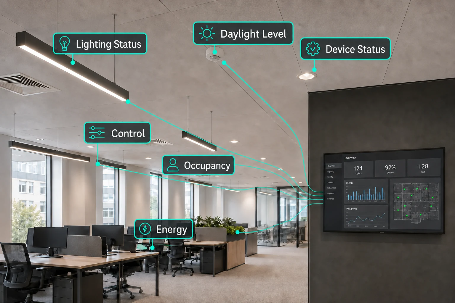 Lighting and room-level data connected to building automation