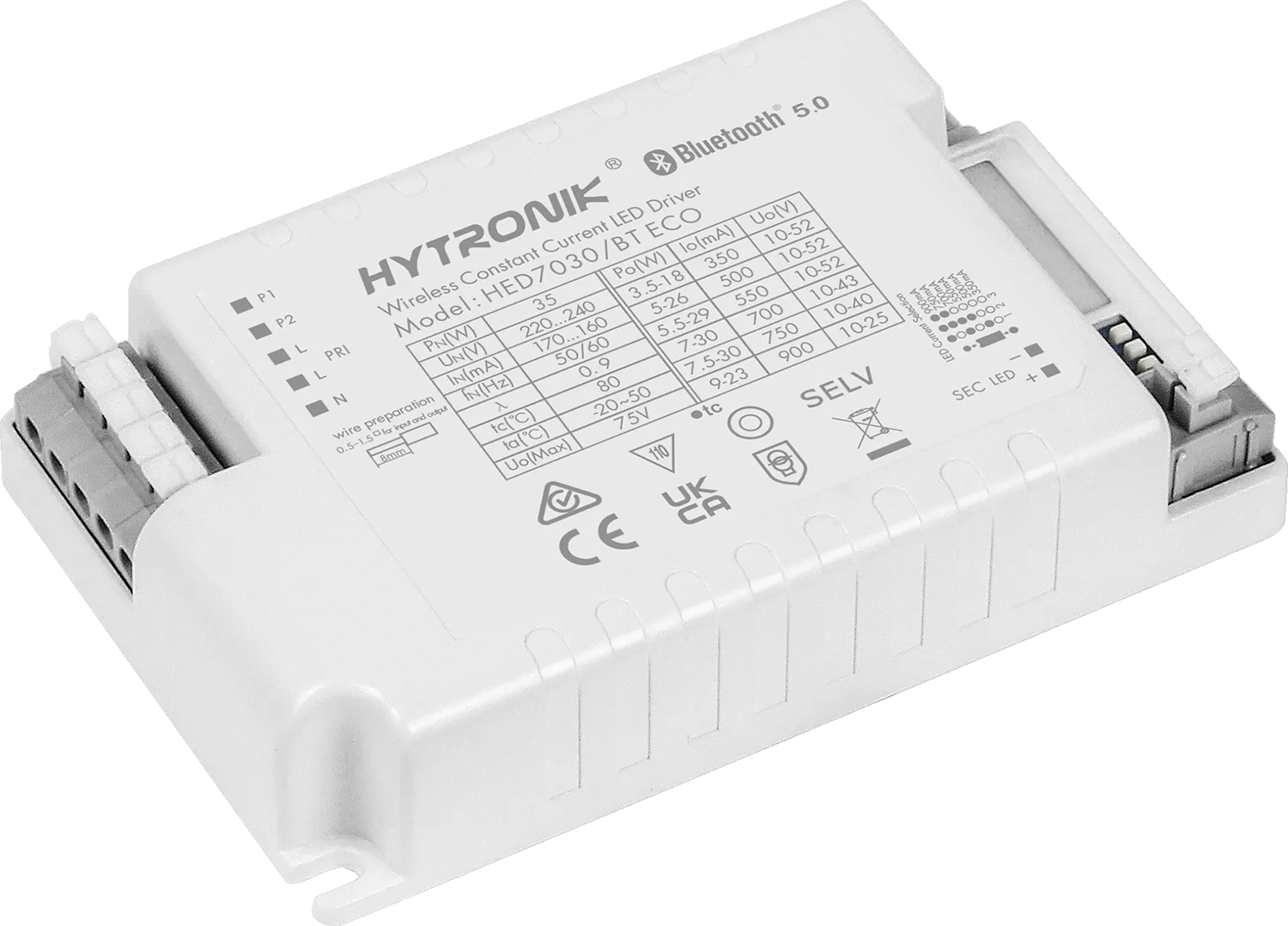 Side view of HED7030/BT Bluetooth Dimmable LED Driver  30W / 0.35-0.9mA  Compact formfactor