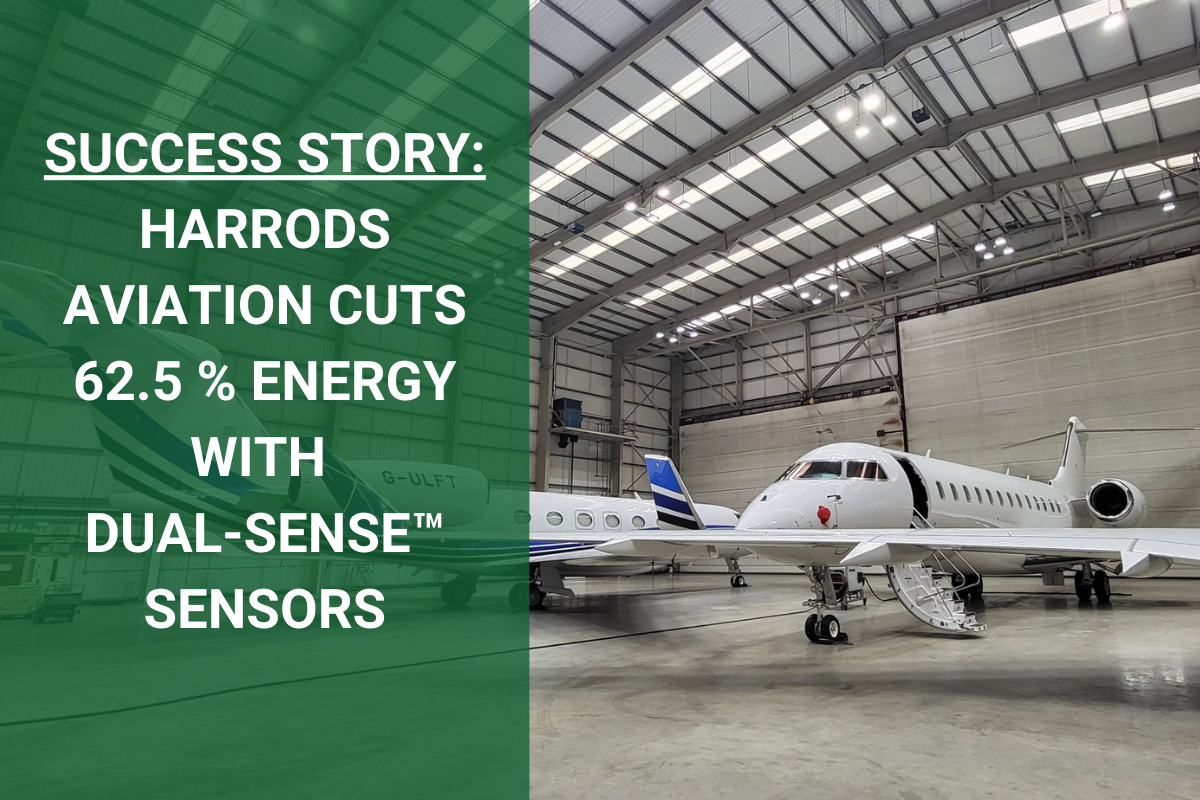 HOW HARRODS AVIATION ACHIEVED 62.5 % ENERGY SAVINGS IN AN AVIATION HANGAR WITH HYTRONIK DUAL-SENSE™ SENSORS