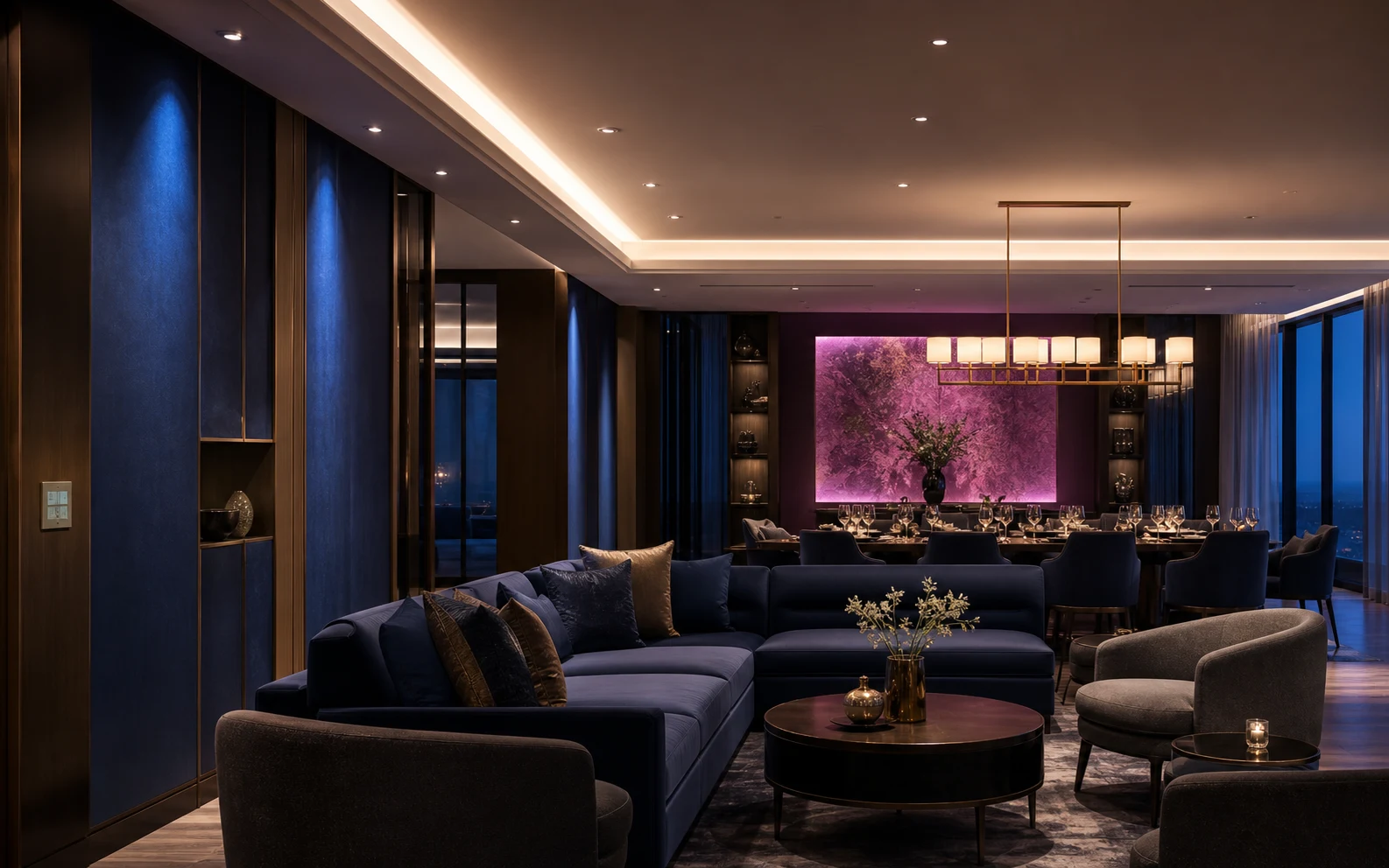 Hotel lounge with consistent DALI RGBW lighting across several zones