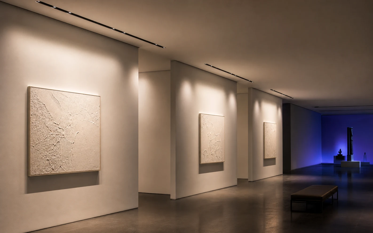 Museum gallery with consistently matched light from integrated constant-current luminaires