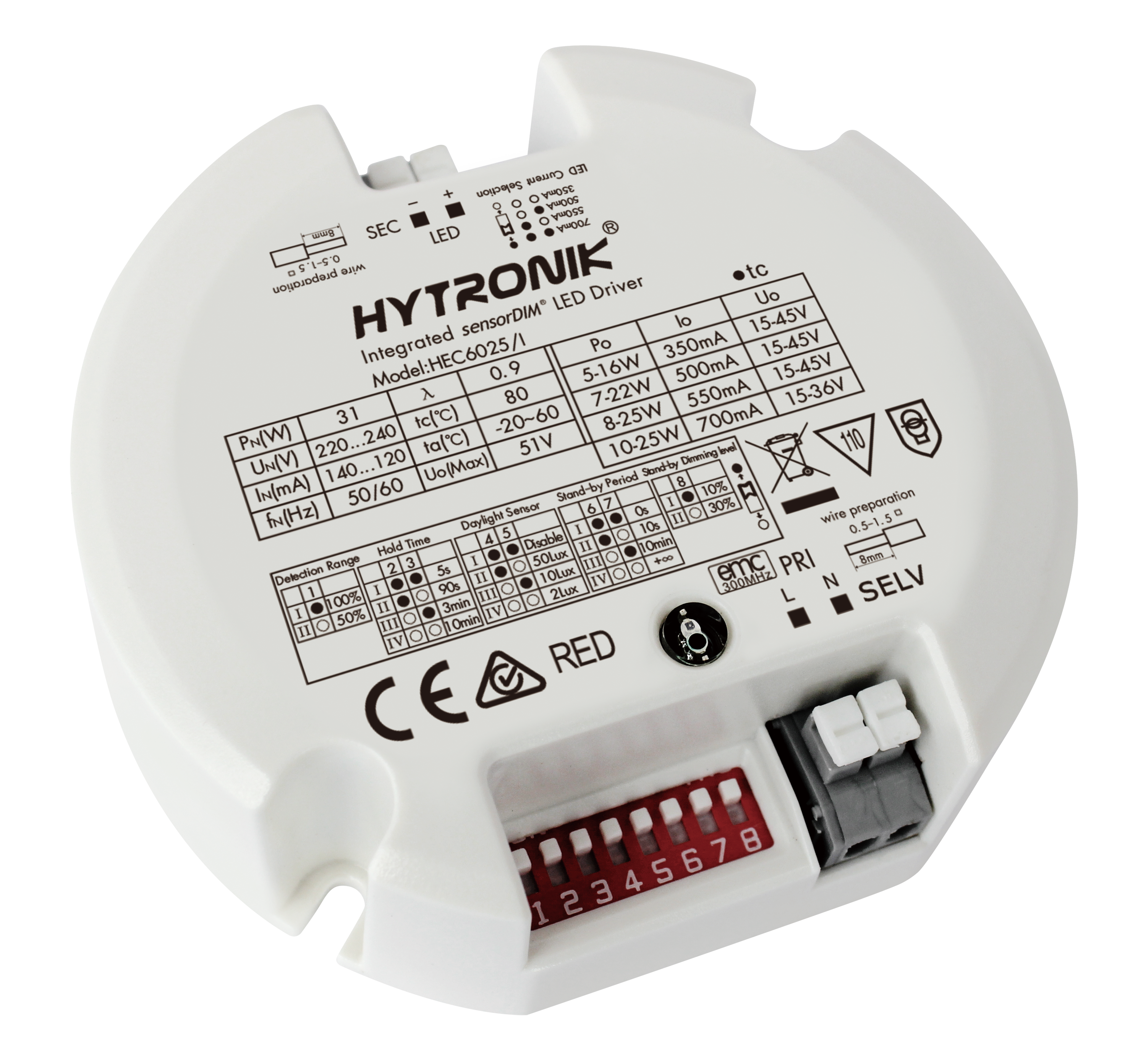 Side view of HEC6025/I LED Driver + HF Sensor  5-25W  Photocell Advance