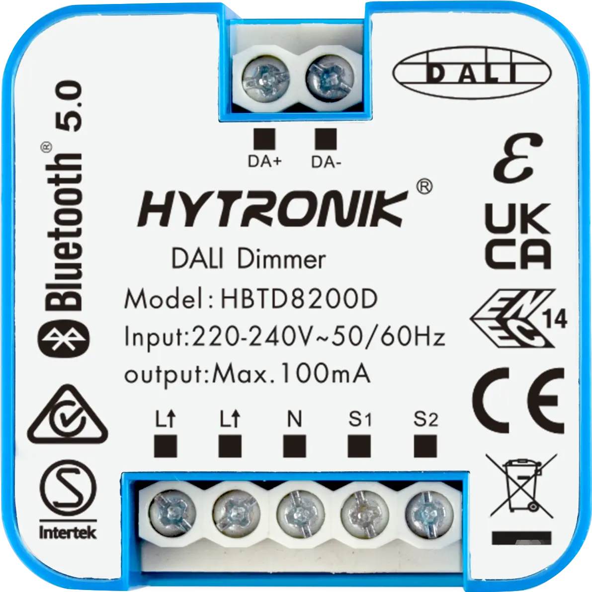 Top view of HBTD8200D DALI/Bluetooth Converter  Integrated 100mA PSU  Wall Junction Box