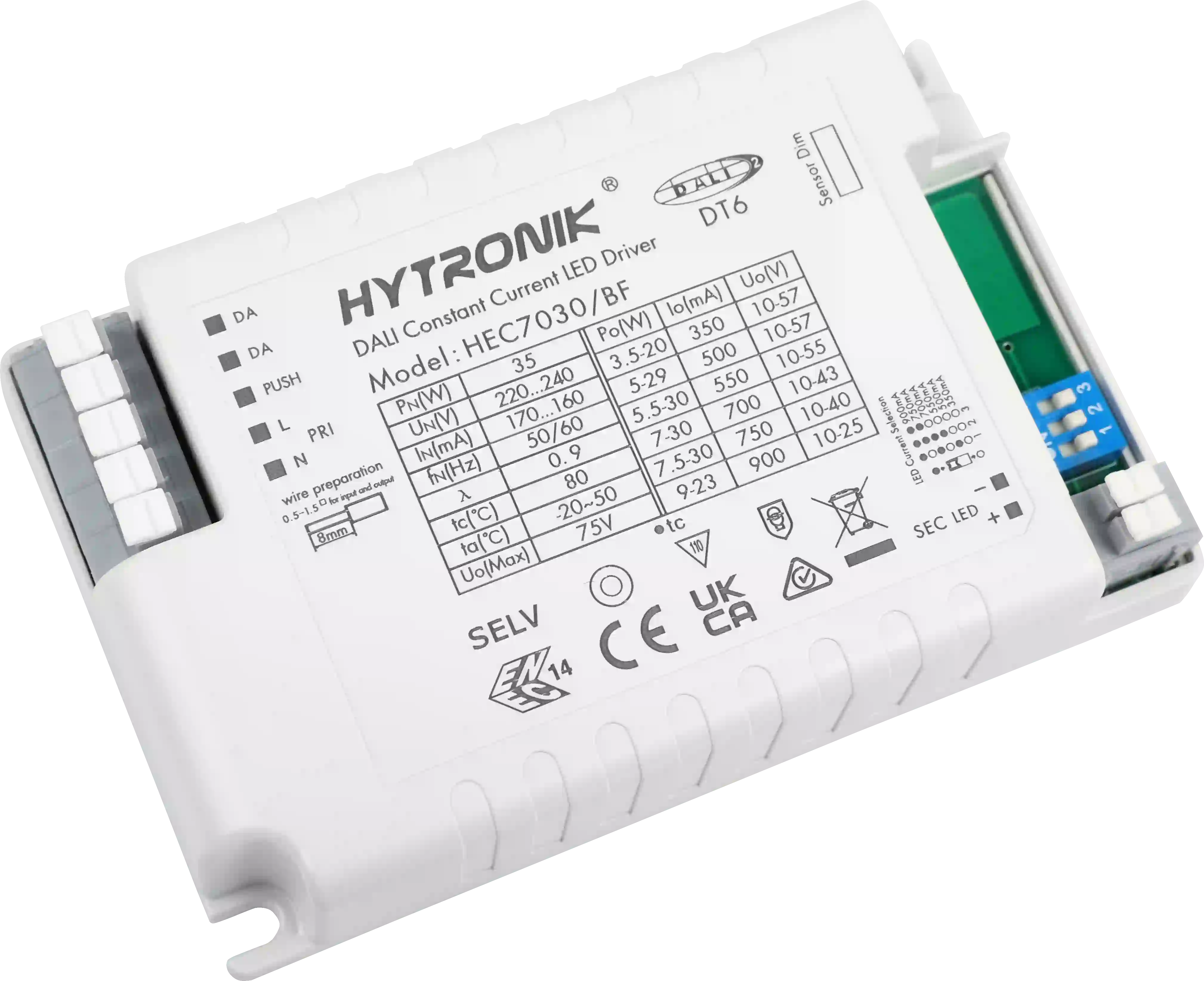 Side view of HEC7030/BF LED Driver 30W Dimmable  CC  DIP-switch setting