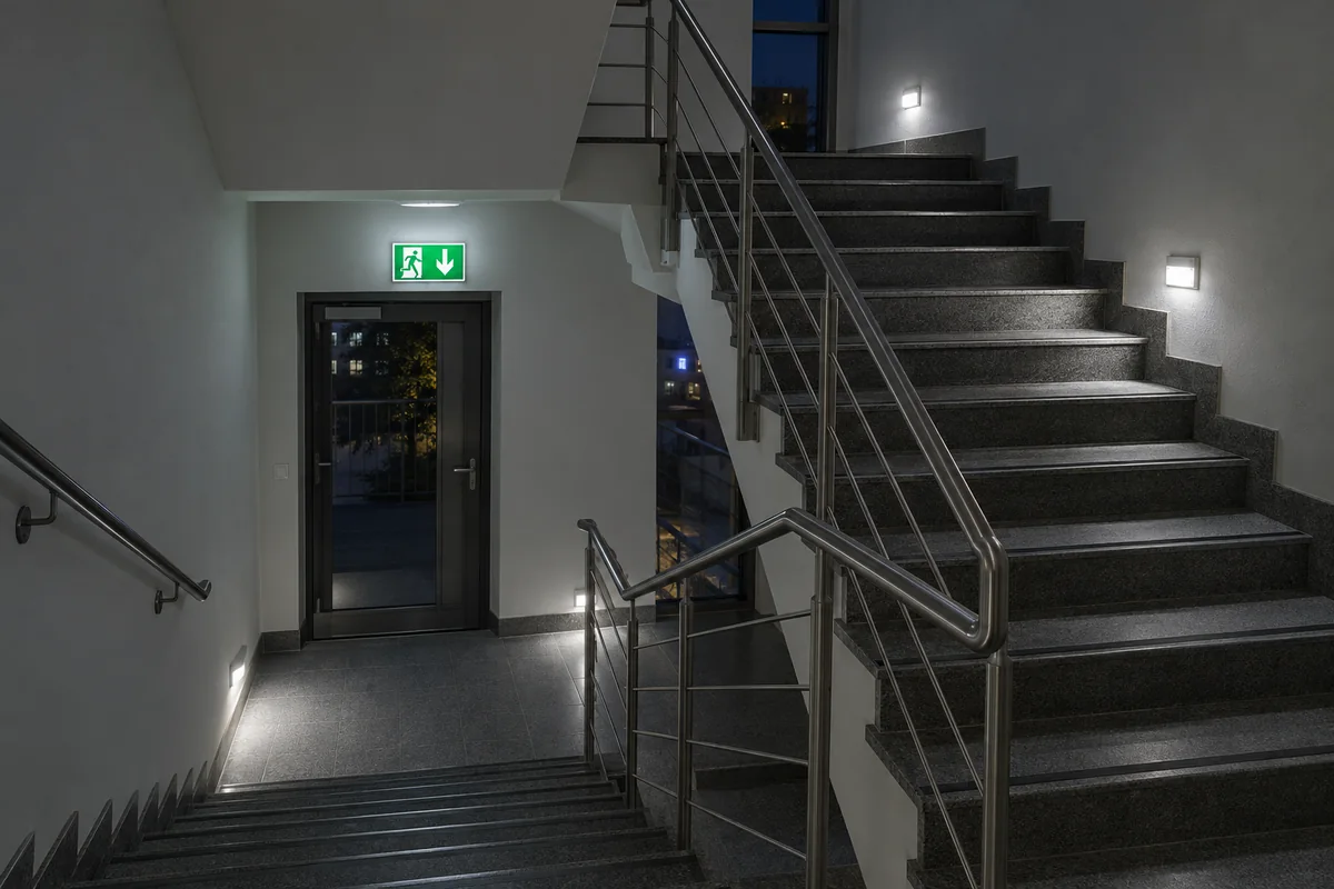 Señal de salida y peldaños iluminados en una escalera comercial