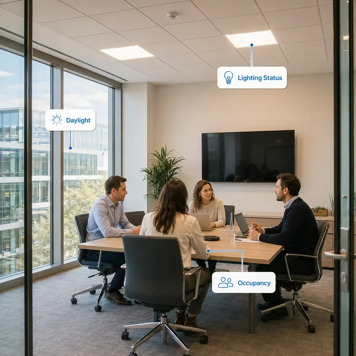 Real meeting room showing daylight, occupancy and lighting-status data sources