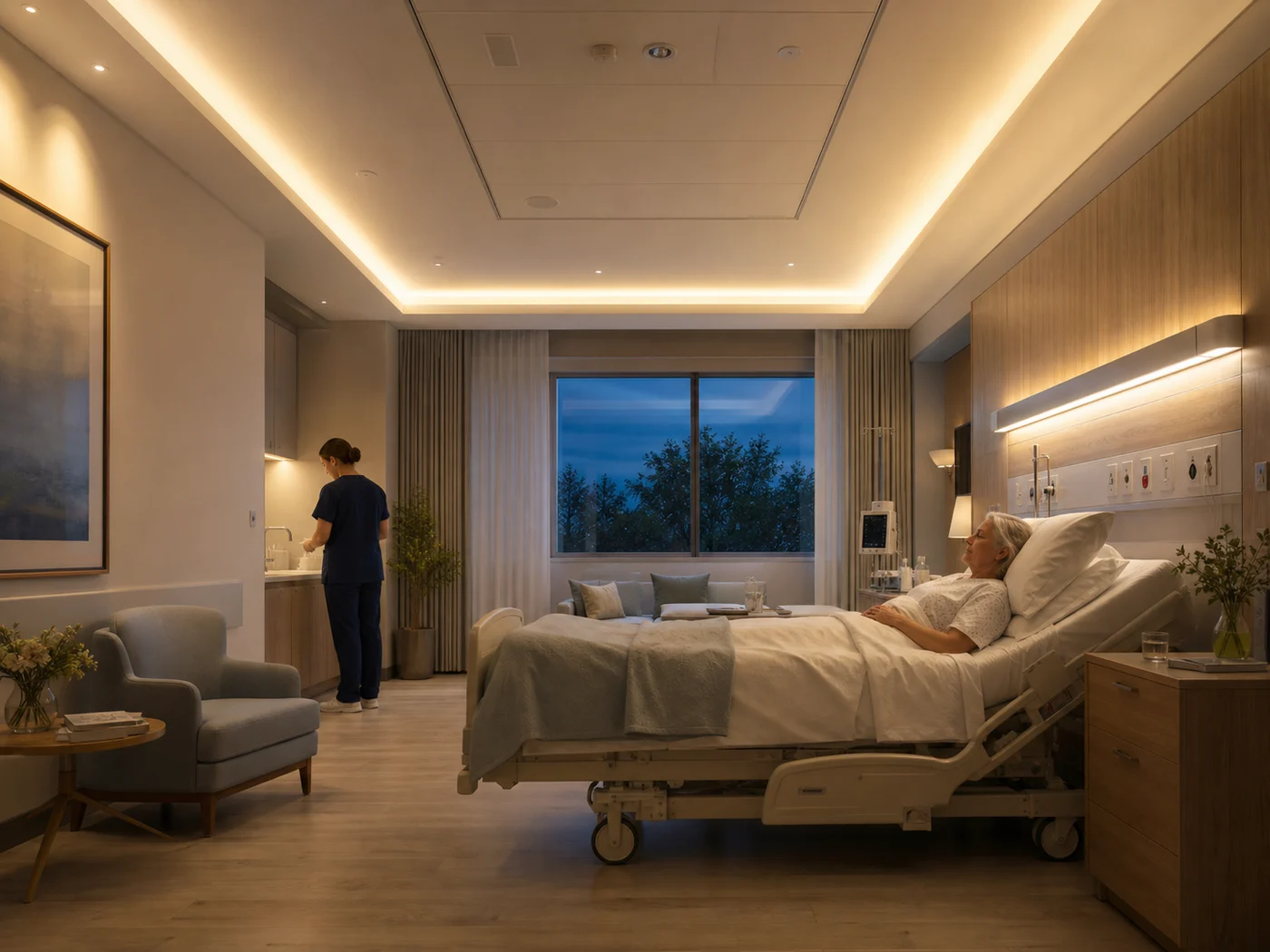 Healthcare patient room with warm early-evening lighting