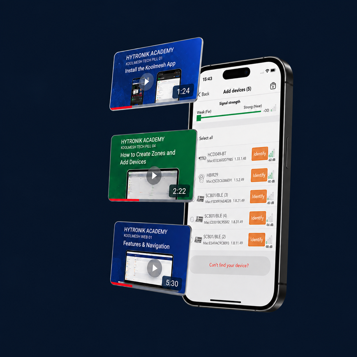 Koolmesh App on a smartphone with Academy video lesson previews.