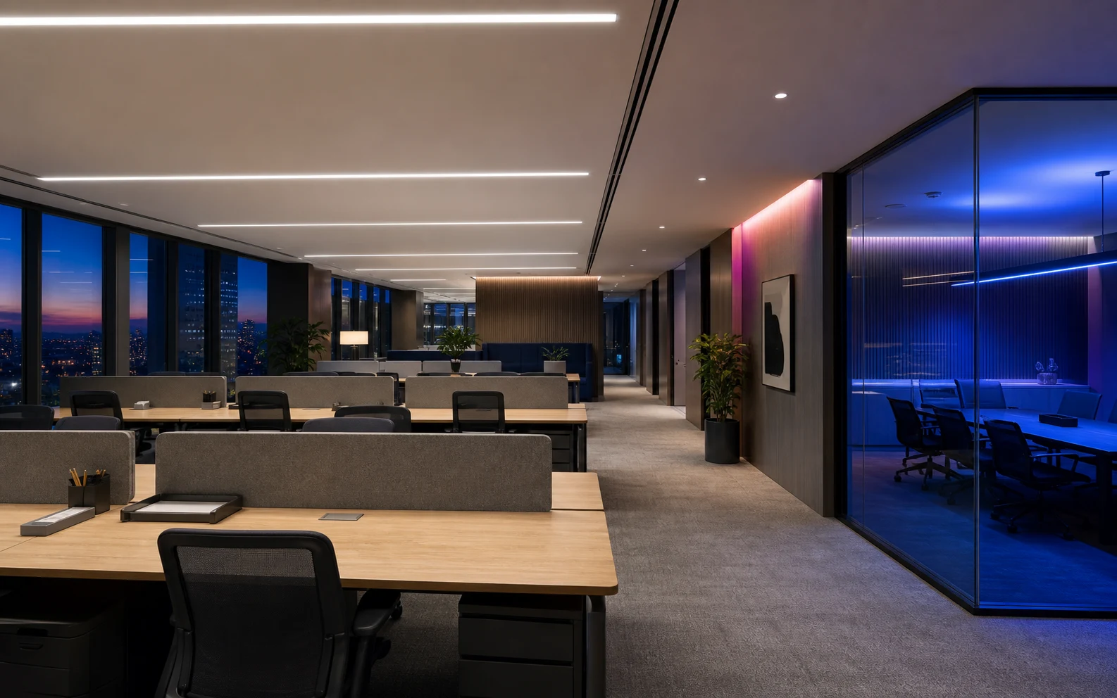 Workplace with neutral task lighting and controlled blue meeting-room scene