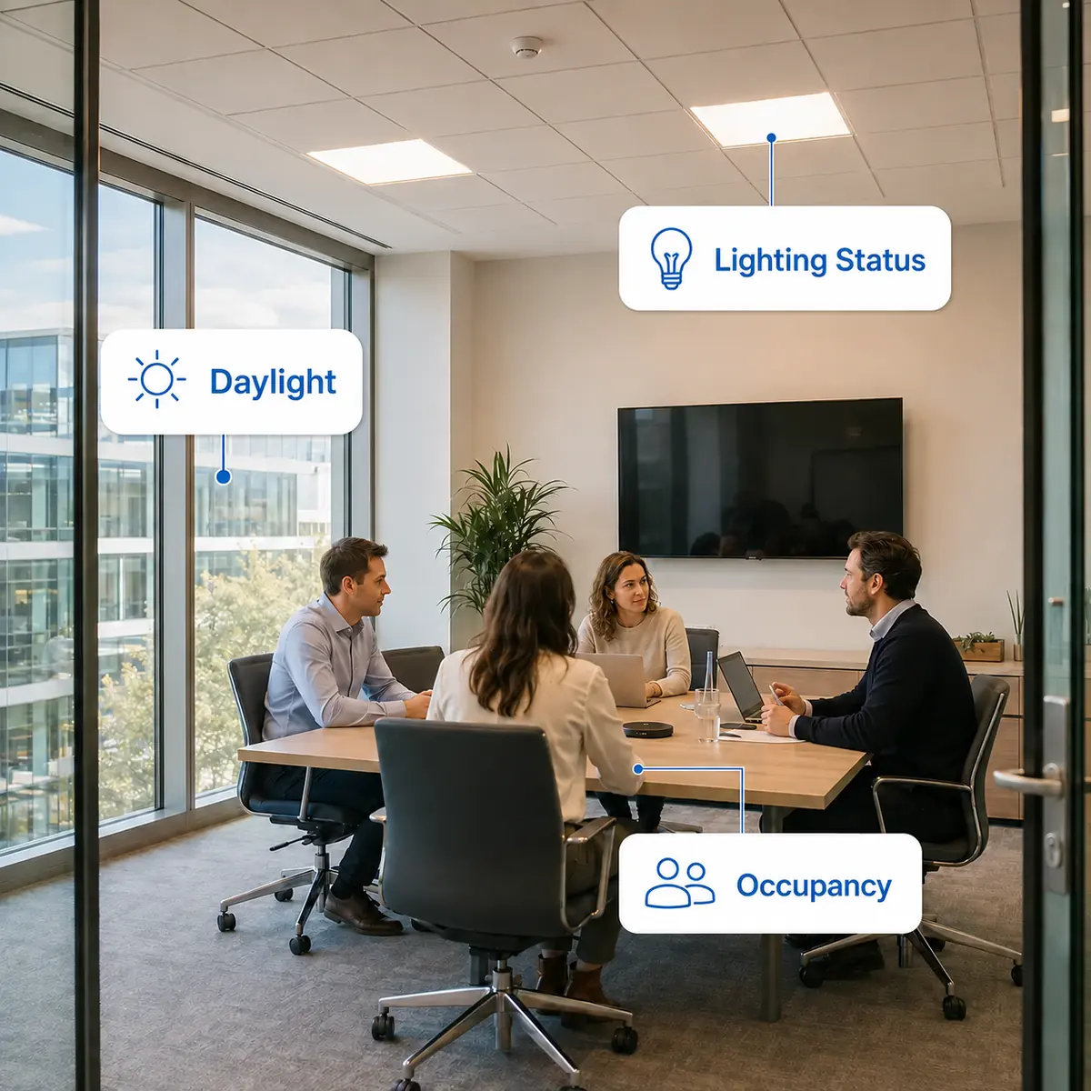 Real meeting room showing enlarged daylight, occupancy and lighting-status data labels