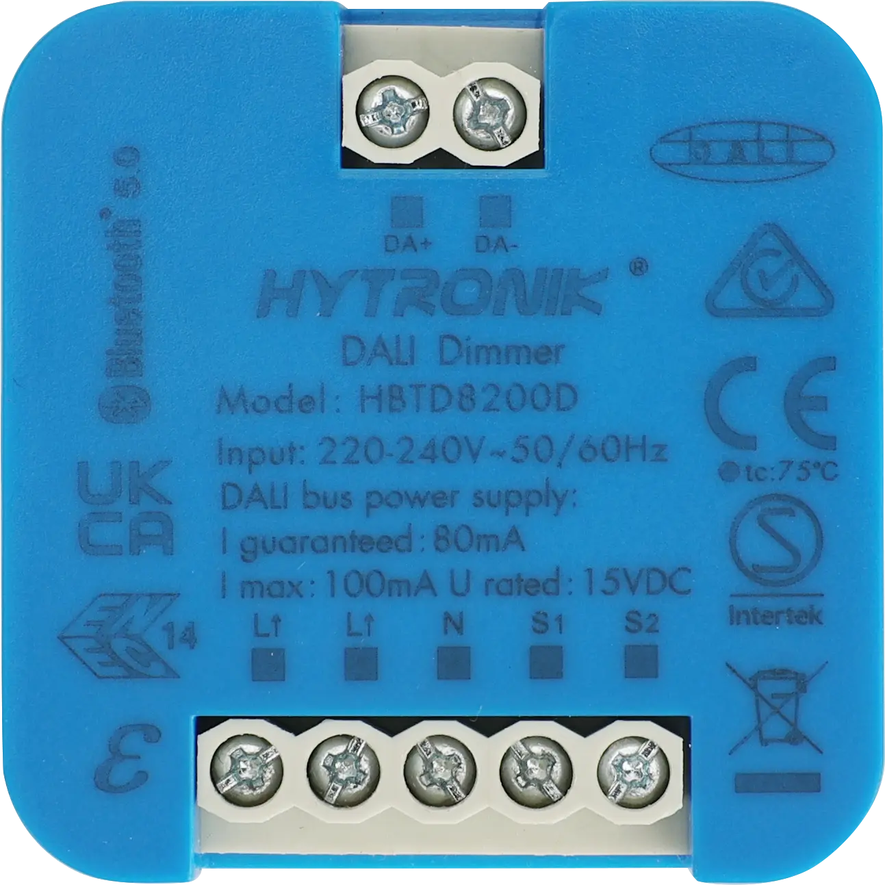 Front view of HBTD8200D DALI/Bluetooth Converter  Integrated 80mA PSU  Wall Junction Box