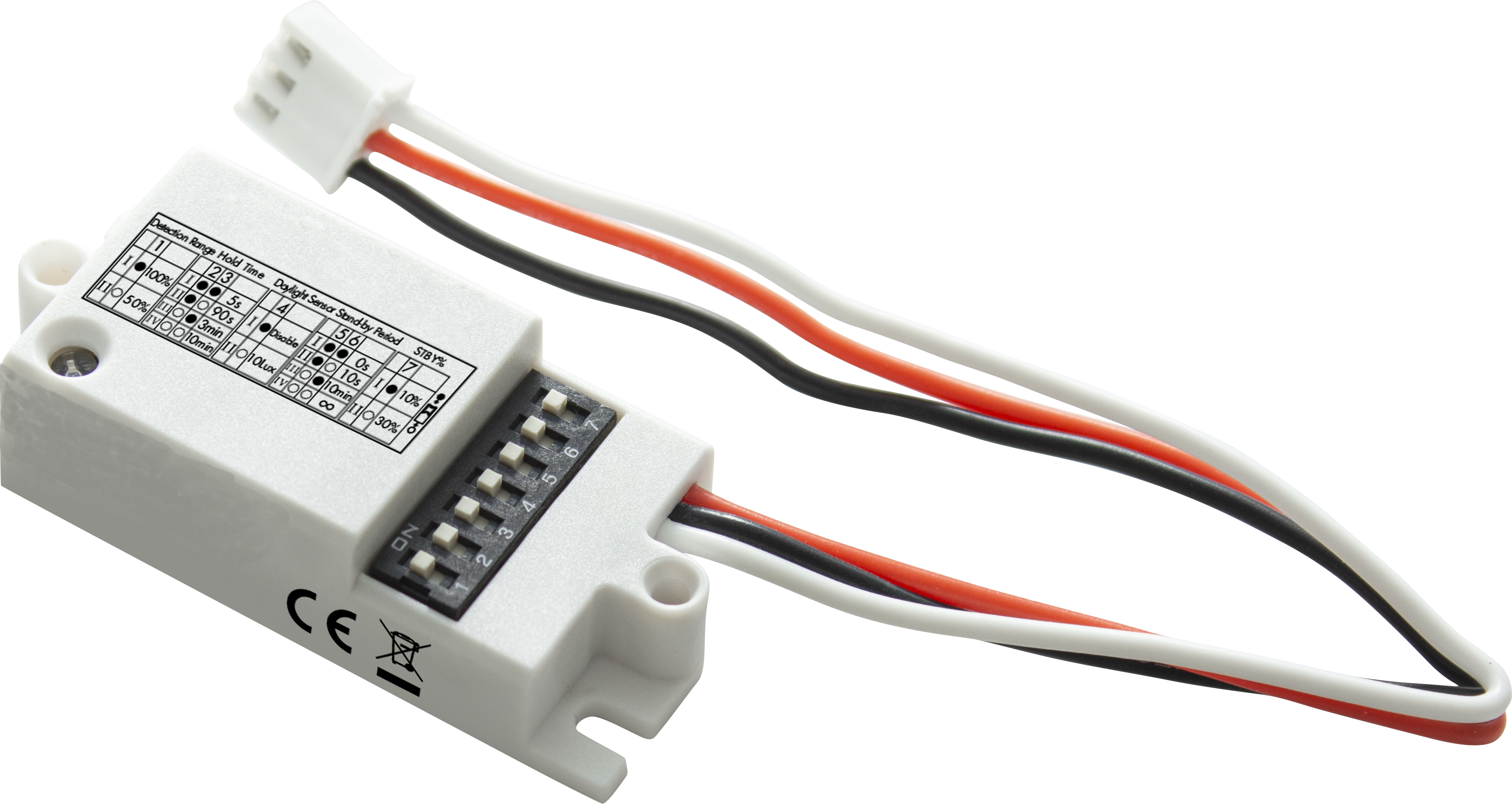 Side view of SAM12 HF Lowdbay VDC  Tri-level dimming  RJ12 connector to control body