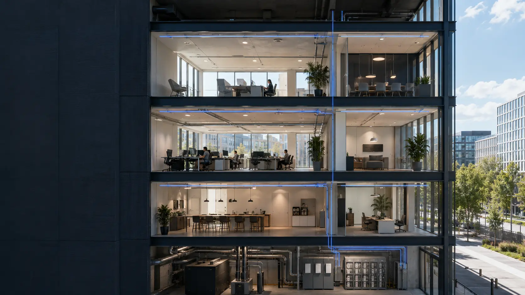 Commercial building connected across lighting, occupancy, HVAC and energy monitoring