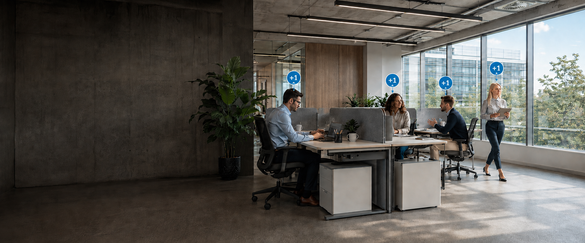 Contemporary daytime office with four clearly visible occupants