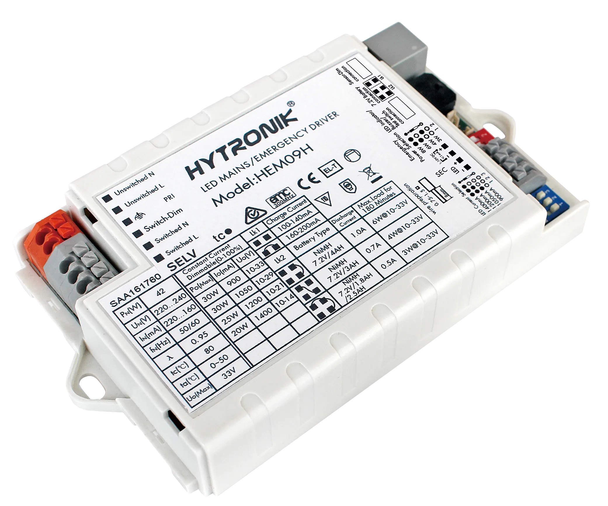 Side view of HEM09H Emergency Driver Max.30w  Constant Current   Attachable sensor heads