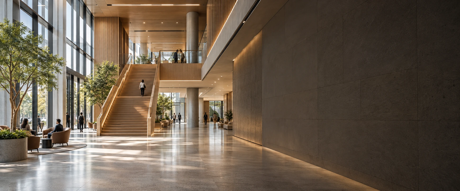 Escena arquitectónica ilustrativa de un atrio con luz natural e iluminación integrada