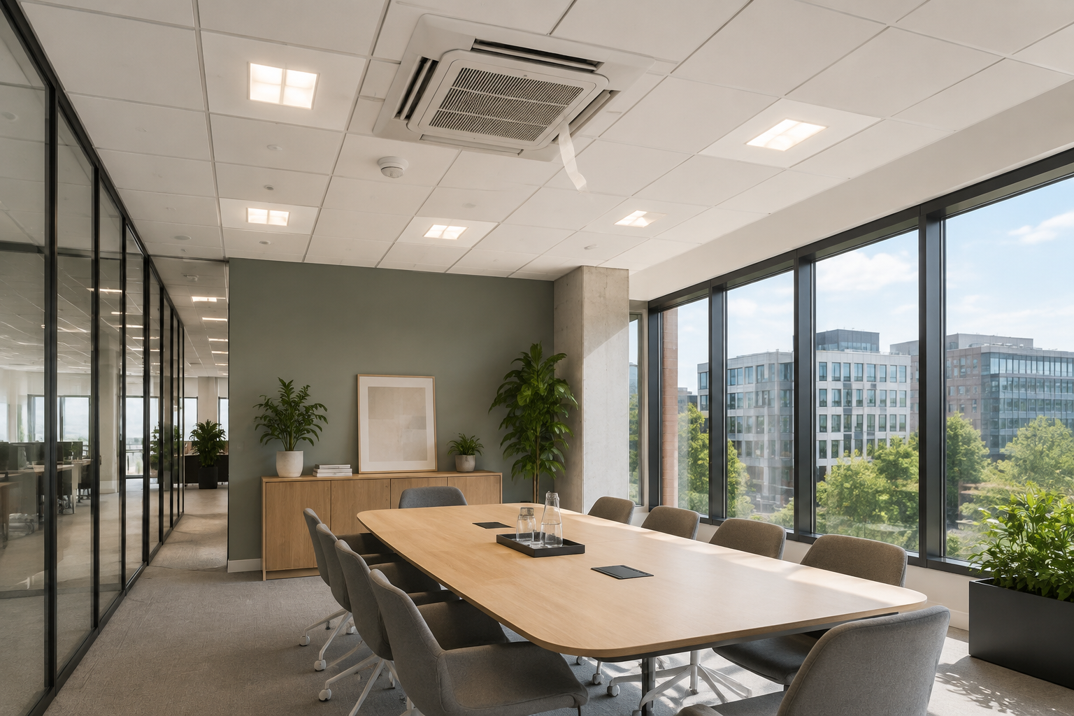 Empty daytime meeting room with ceiling lights and HVAC still operating
