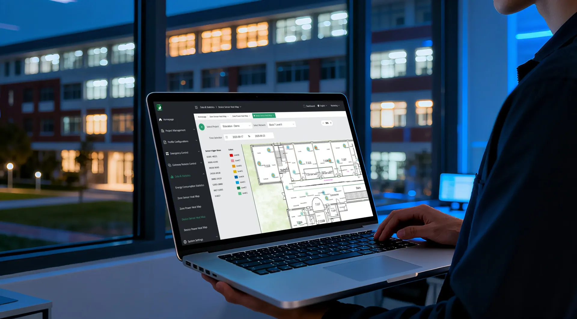 Koolmesh web dashboard showing a device sensor heatmap